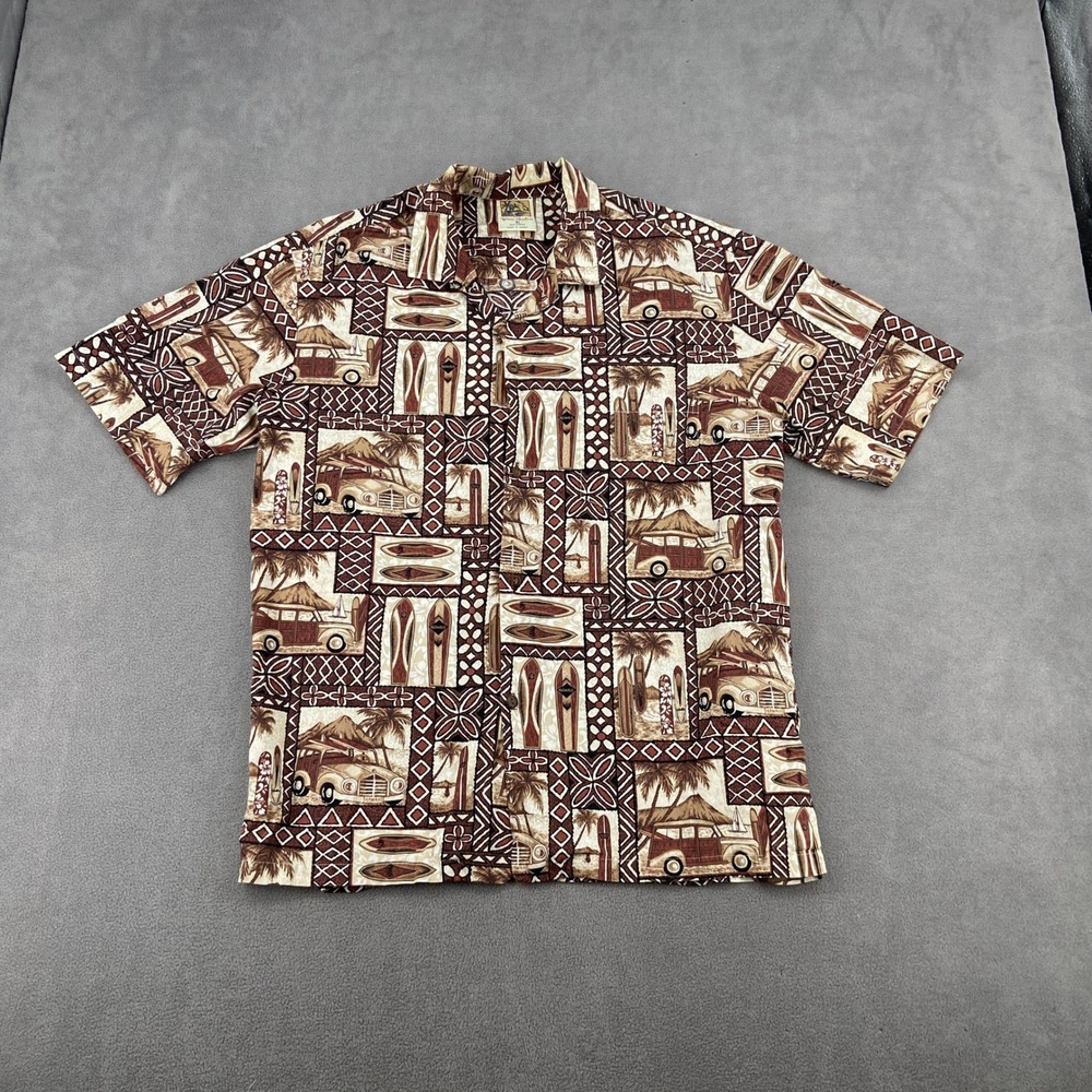 Winnie Fashion Mens XL Hawaiian Shirt Brown Woody Wagon Surfboard Cotton Y2K